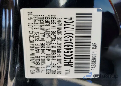 2004 Acura Rsx z USA, uszkodzony, nr VIN JH4DC54804S017704